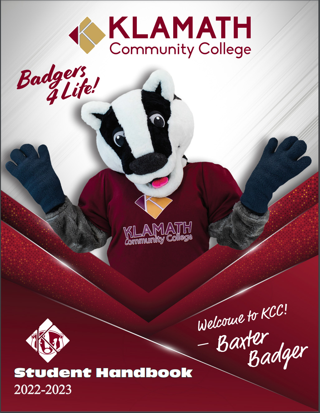 KCC Student Handbook 2022-23 Cover Image with Baxter Badger - Welcome to KCC - Badgers 4 Life!